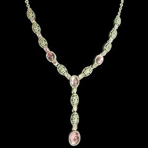 VTG Avon Silver Plate Filigree Cabochon AB Rhinstone Y Drop Lavaliere Necklace